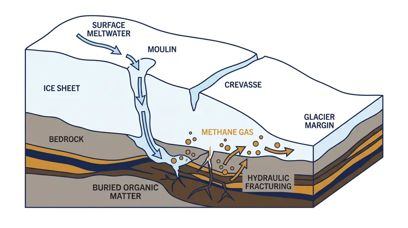 How meltwater acts as a 'glacial fracking' mechanism to release subglacial methane.