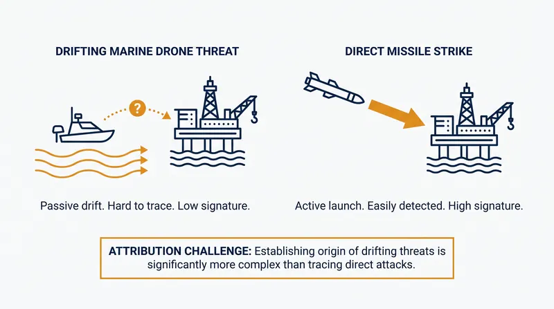 Drifting marine drones offer plausible deniability, allowing state actors to threaten infrastructure without launching direct strikes.