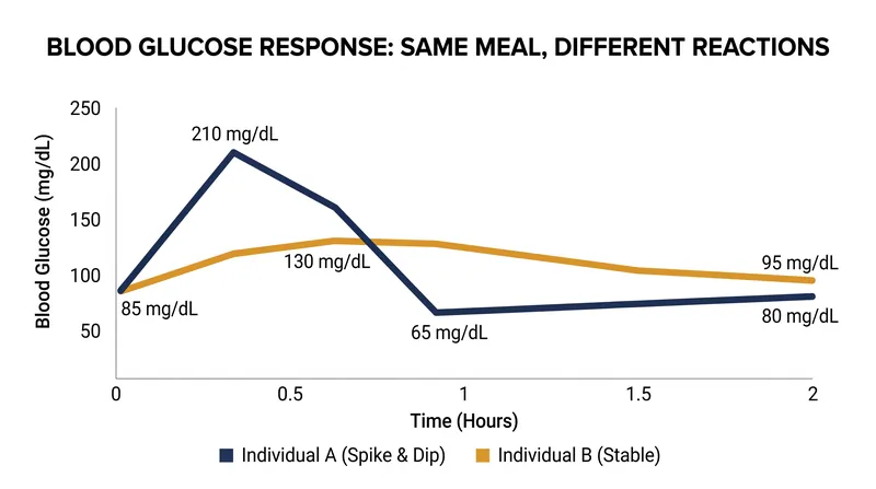 Blood sugar responses to identical meals can vary by up to 68% between individuals.