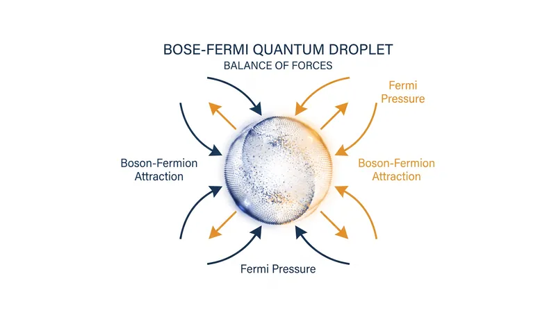 The droplet achieves stability when the inward pull of particle attraction perfectly matches the outward push of Fermi pressure.