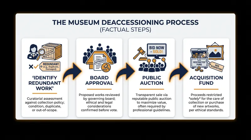 The highly regulated process of removing and selling an artwork from a public trust.