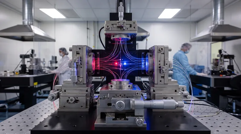 Coupling a free-space quantum signal into a microscopic fiber core requires extreme precision and adaptive optics.