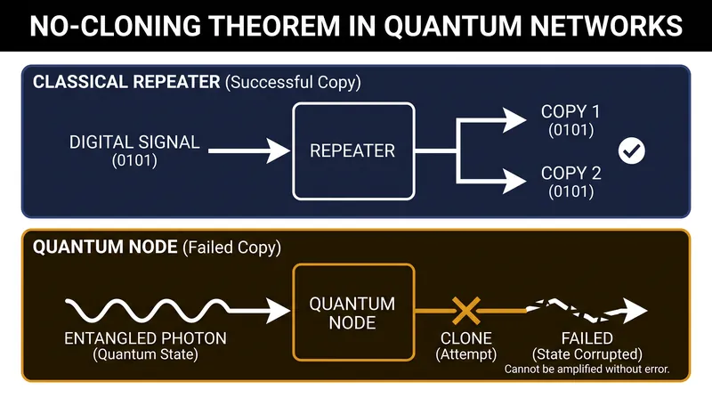 The no-cloning theorem prevents quantum networks from using traditional signal amplifiers.