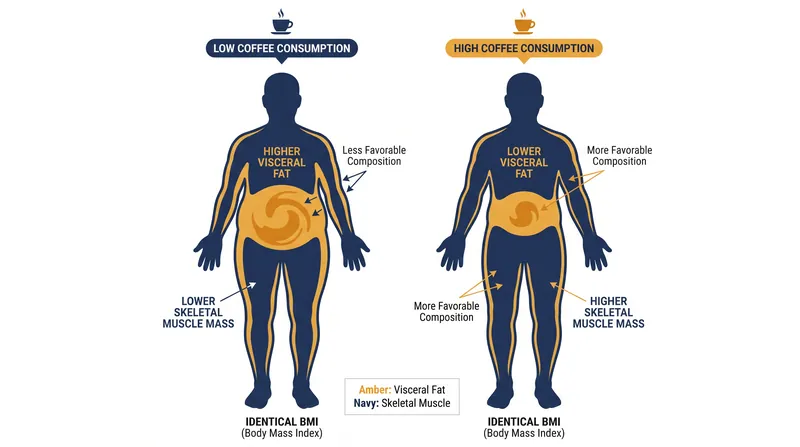 Coffee drinkers demonstrated a more favorable ratio of muscle to fat, despite having similar BMI scores to low consumers.