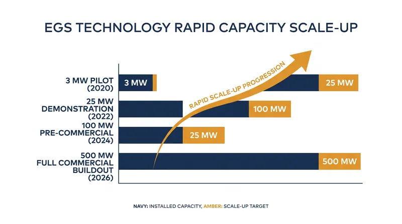 Enhanced geothermal capacity is scaling rapidly from single-digit megawatt pilots to utility-scale baseload facilities.