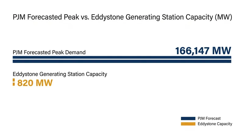 PJM's peak demand forecasts dwarf the capacity of individual plants, highlighting the scale of the grid's balancing act.