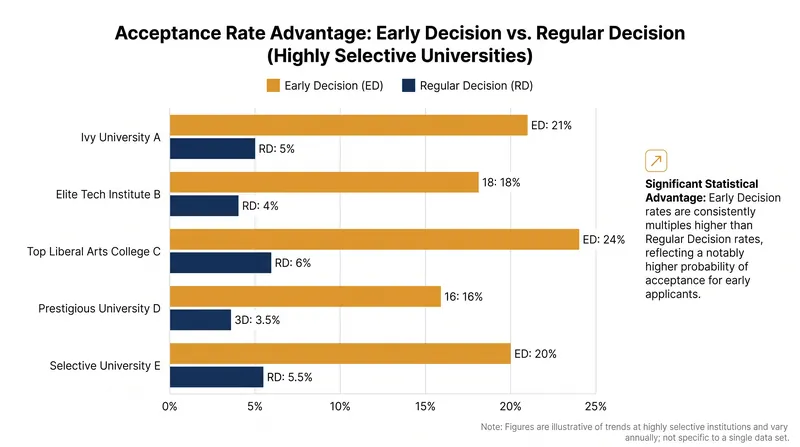 Early Decision acceptance rates are routinely higher than Regular Decision rates at selective colleges.
