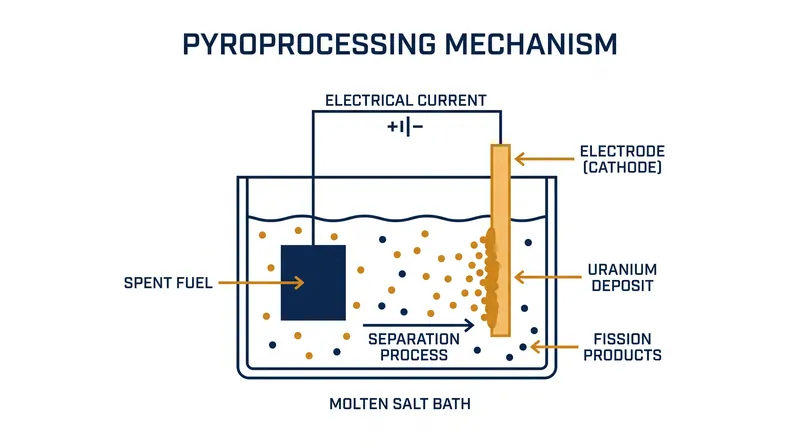 Pyroprocessing uses electrorefining in molten salt to recover reusable fuel without isolating pure weapons-grade plutonium.