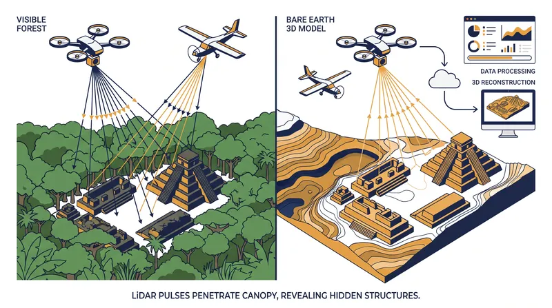 LiDAR technology computationally strips away vegetation to reveal the bare earth and hidden structures beneath.