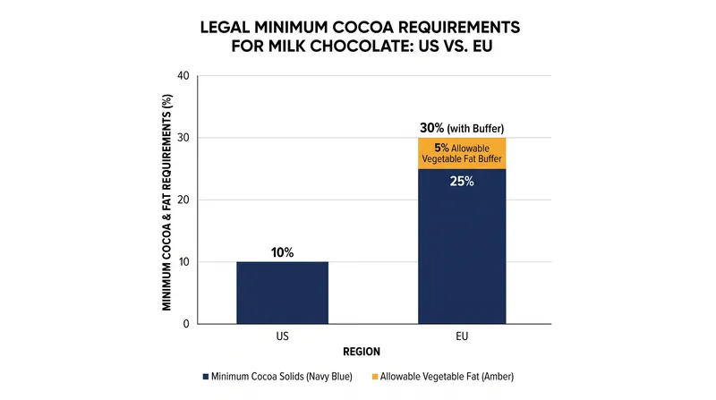 Regulatory definitions dictate how much cocoa butter can be replaced before a product loses its 'chocolate' label.