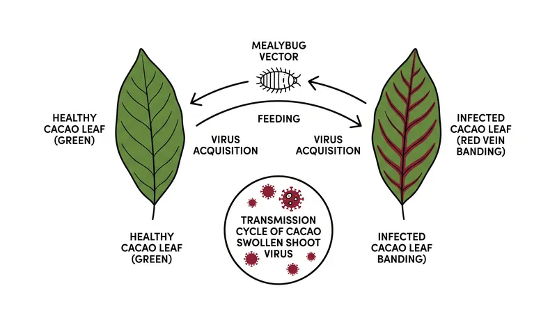 Cacao Swollen Shoot Virus is transmitted by mealybugs, causing severe yield drops and tree mortality across West Africa.