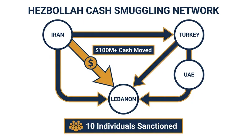 The sanctioned network utilized commercial flights across four countries to move hundreds of millions of dollars.