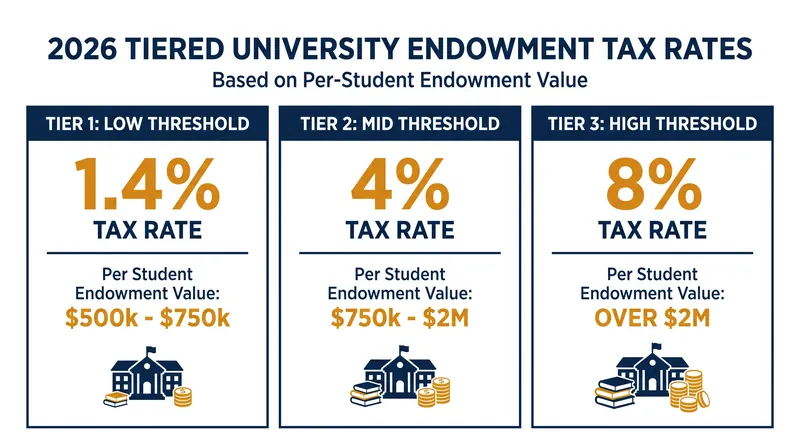 The new tiered tax structure scales based on an institution's investment assets per tuition-paying student.