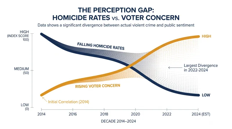 While state data shows a 40% drop in homicides, voter anxiety over visible property crime remains high.