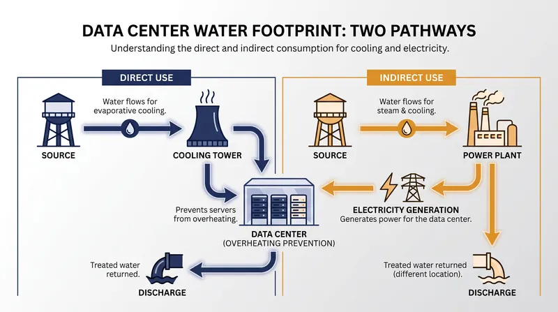 Data centers rely on water both for on-site server cooling and for the power plants that generate their electricity.
