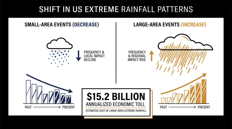 The shifting spatial footprint of extreme precipitation and its economic toll.