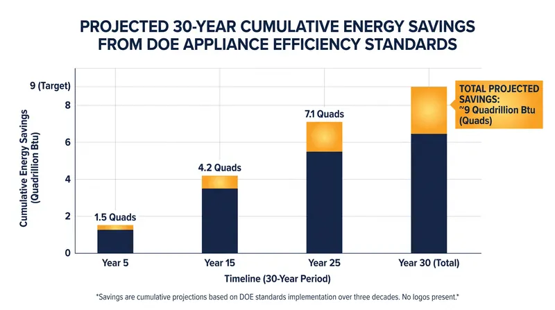 The new standards are projected to save 9 quadrillion Btu of energy over the next three decades.