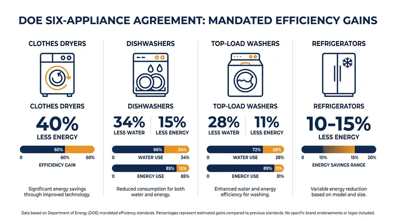 The mandated reductions in energy and water use across major appliance categories.