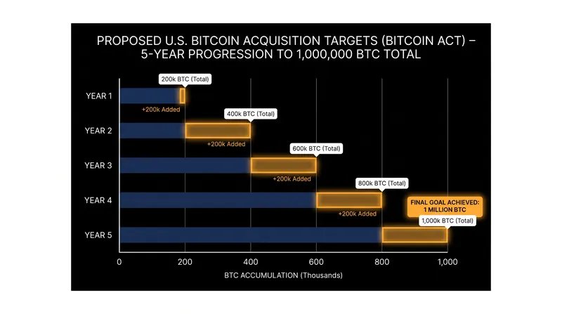 The BITCOIN Act proposes acquiring 1 million Bitcoin over a five-year period.