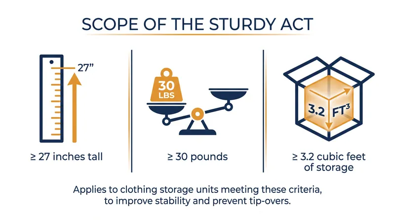 The mandatory safety standard applies strictly to freestanding clothing storage units that meet these three dimensional thresholds.