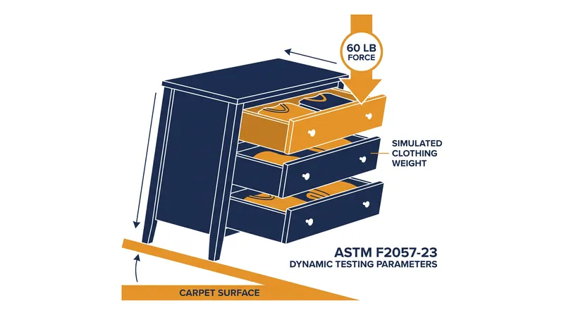 Dynamic tip-over testing simulates the real-world physics of a 60-pound child climbing on a fully loaded dresser placed on residential carpeting.