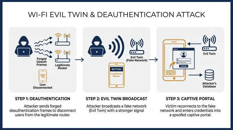 How an evil twin attack forces devices off a legitimate network and intercepts their data.