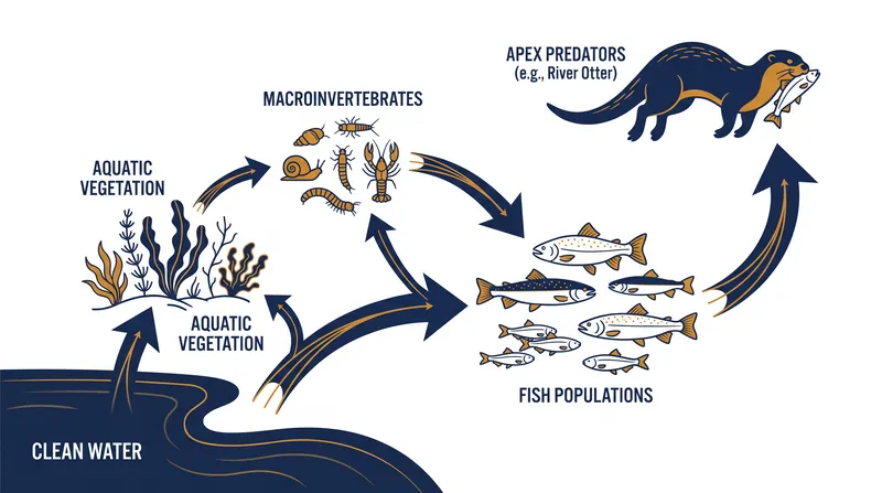 River otters serve as indicator species, requiring a fully functioning food web and clean water to survive.