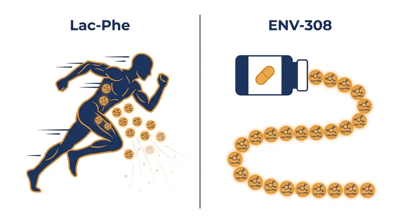 Unlike natural Lac-Phe, which is cleared rapidly from the bloodstream, ENV-308 is engineered for sustained daily action.