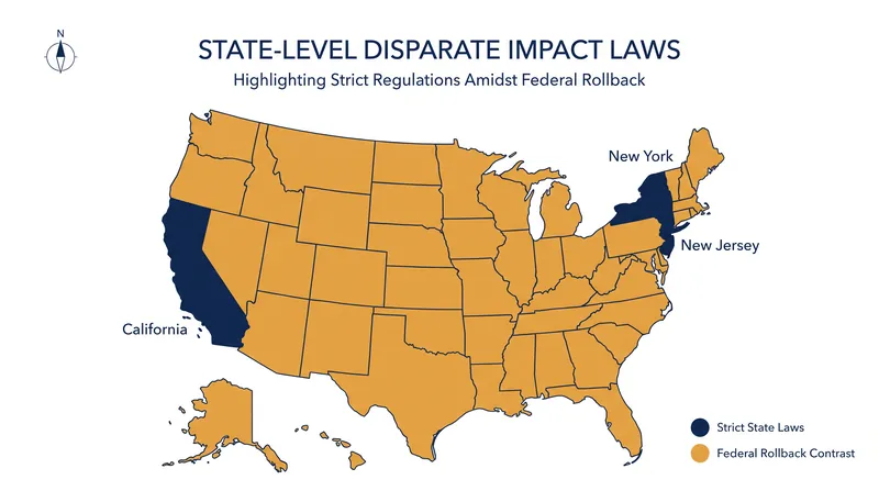 Several states continue to enforce disparate impact standards at the local level, creating a fragmented compliance landscape.