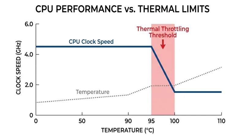 Dynamic Frequency Scaling (DFS) in action: the processor intentionally drops its clock speed to shed heat once it hits the critical 95°C threshold.