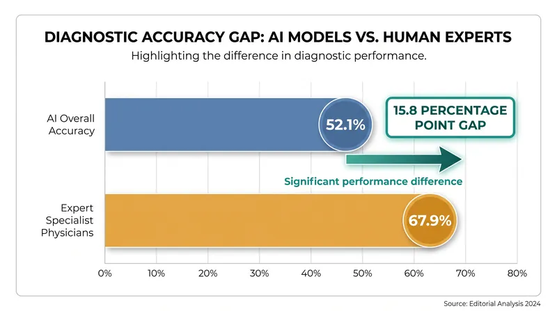 While AI excels in generalist tasks, meta-analyses show it still trails expert specialists by nearly 16 percentage points.
