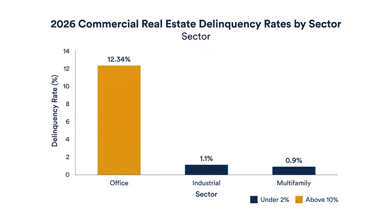 Distress is highly concentrated in the office sector, while industrial and multifamily properties remain stable.