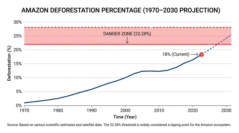 Current deforestation sits at 18%, dangerously close to the 22-28% threshold that models indicate will trigger basin-wide dieback.