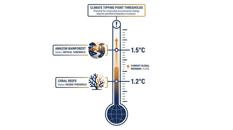 The thermal thresholds for major Earth systems, with coral reefs already having crossed their 1.2°C breaking point.