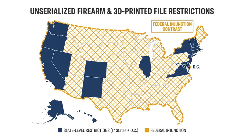Seventeen states maintain independent restrictions on unserialized firearms, unaffected by the federal injunction.