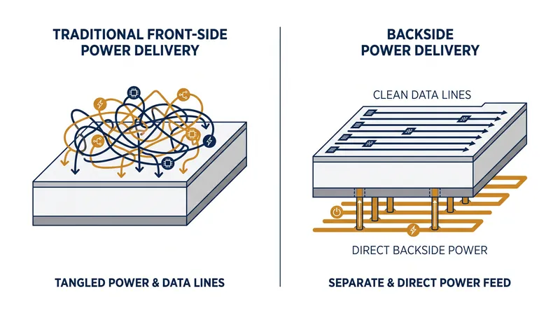 Backside power delivery moves the electrical network to the bottom of the wafer, freeing the front for data signals.