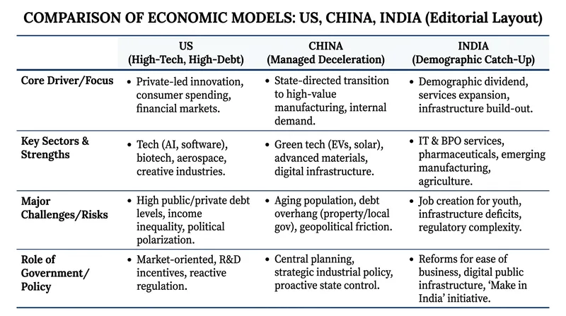 The diverging growth models of the world's three largest future economies.