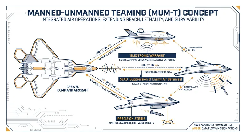 The Autonomous Collaborative Platform architecture relies on manned-unmanned teaming, allowing a single pilot to direct multiple drones in contested airspace.