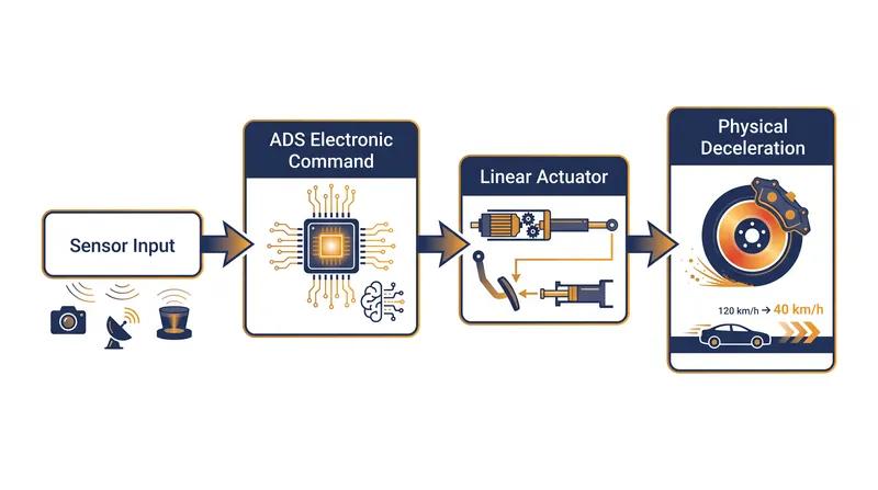 How automated driving systems translate electronic commands into physical braking force without a manual pedal.