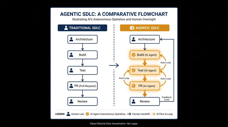 The Agentic SDLC pushes human developers to the edges of the lifecycle, focusing on upfront architecture and backend review.