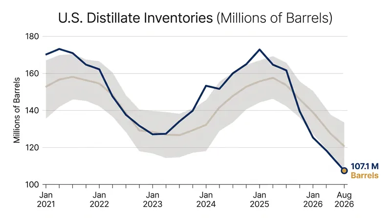 U.S. distillate inventories have fallen significantly below the five-year average as exports surge.