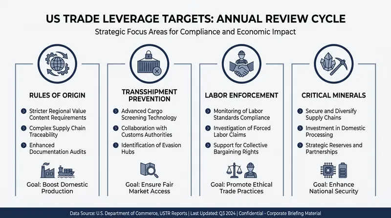 Annual reviews provide the US with recurring leverage to enforce industrial policy goals across key sectors.