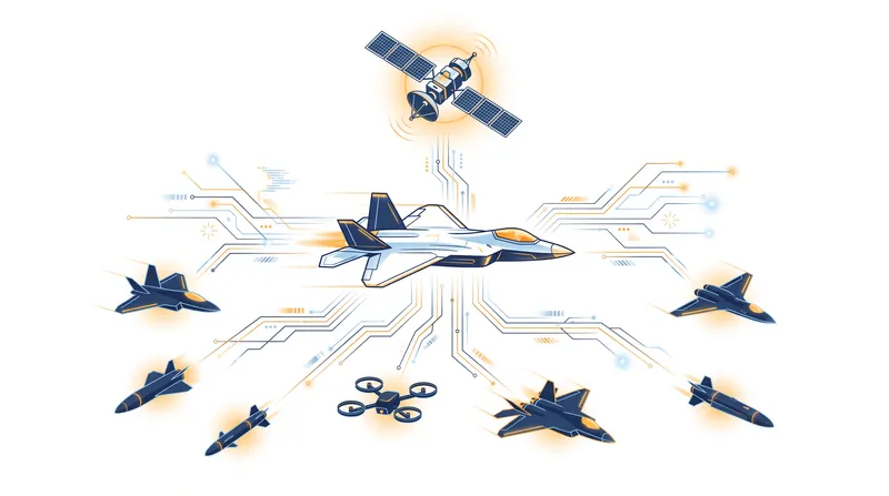 Sixth-generation air combat relies on a 'system of systems' where a manned fighter commands autonomous drones through a secure digital network.