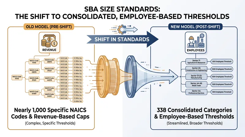 The SBA's new methodology consolidates nearly 1,000 industry codes into 338 broader categories and shifts many sectors to employee-based thresholds.