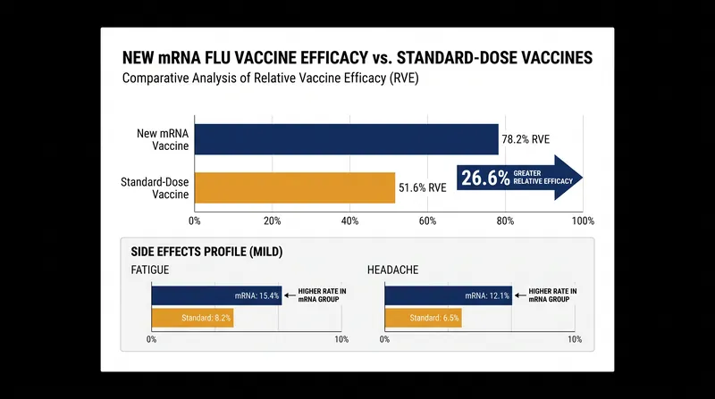 Phase 3 trials showed mFLUSIVA was roughly 27% more effective at preventing confirmed influenza than standard-dose vaccines, though mild side effects were more common.