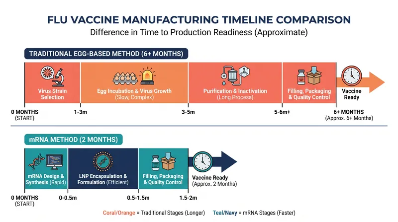 The mRNA platform bypasses the months-long egg incubation process, allowing strain selection to occur much closer to the start of flu season.
