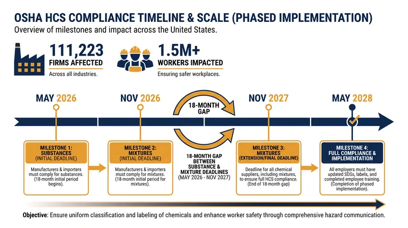 The multi-stage compliance timeline ensures hazard data flows accurately from raw substance suppliers to downstream employers.