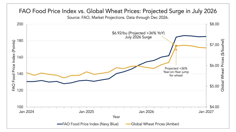 Global wheat prices are projected to jump 36% year-on-year by the third quarter of 2026.