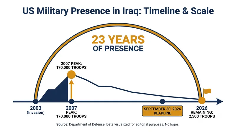 The scale and timeline of the US military footprint in Iraq from 2003 to 2026.
