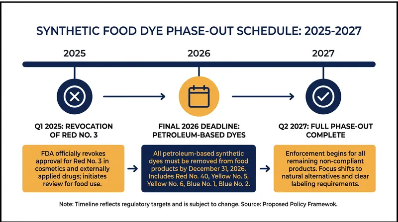 The regulatory timeline driving the removal of synthetic food dyes from the U.S. market.